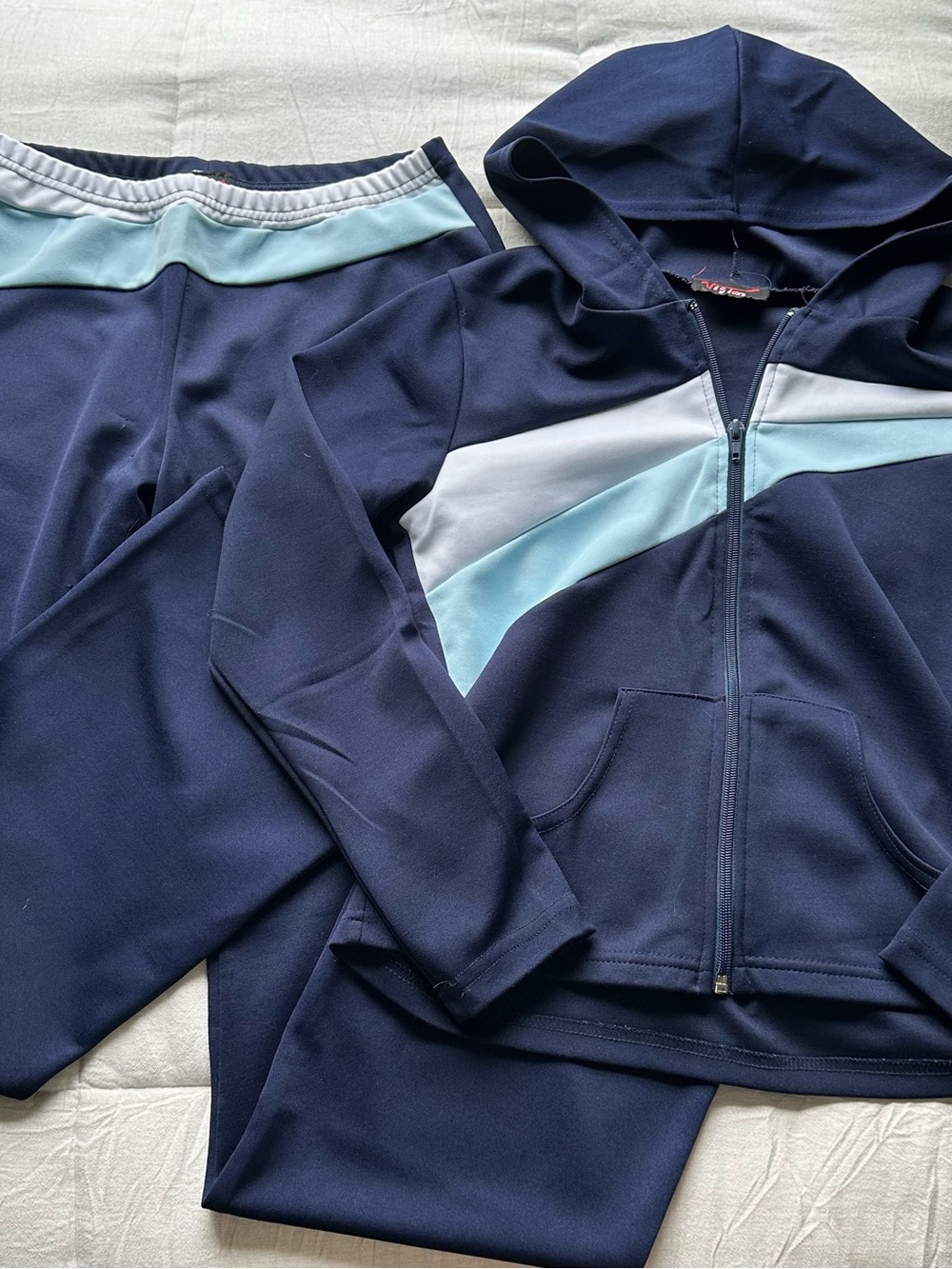 Women's Navy Zip-Up Hoodie & Pants Set with Light Blue Accents